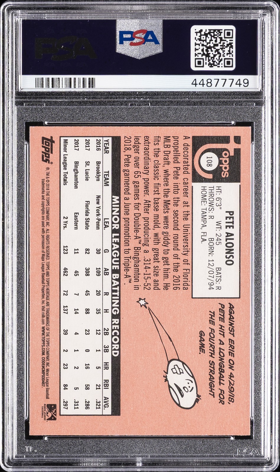 2018 TOPPS HERITAGE MINORS #108 PETE ALONSO PSA 10 view 2