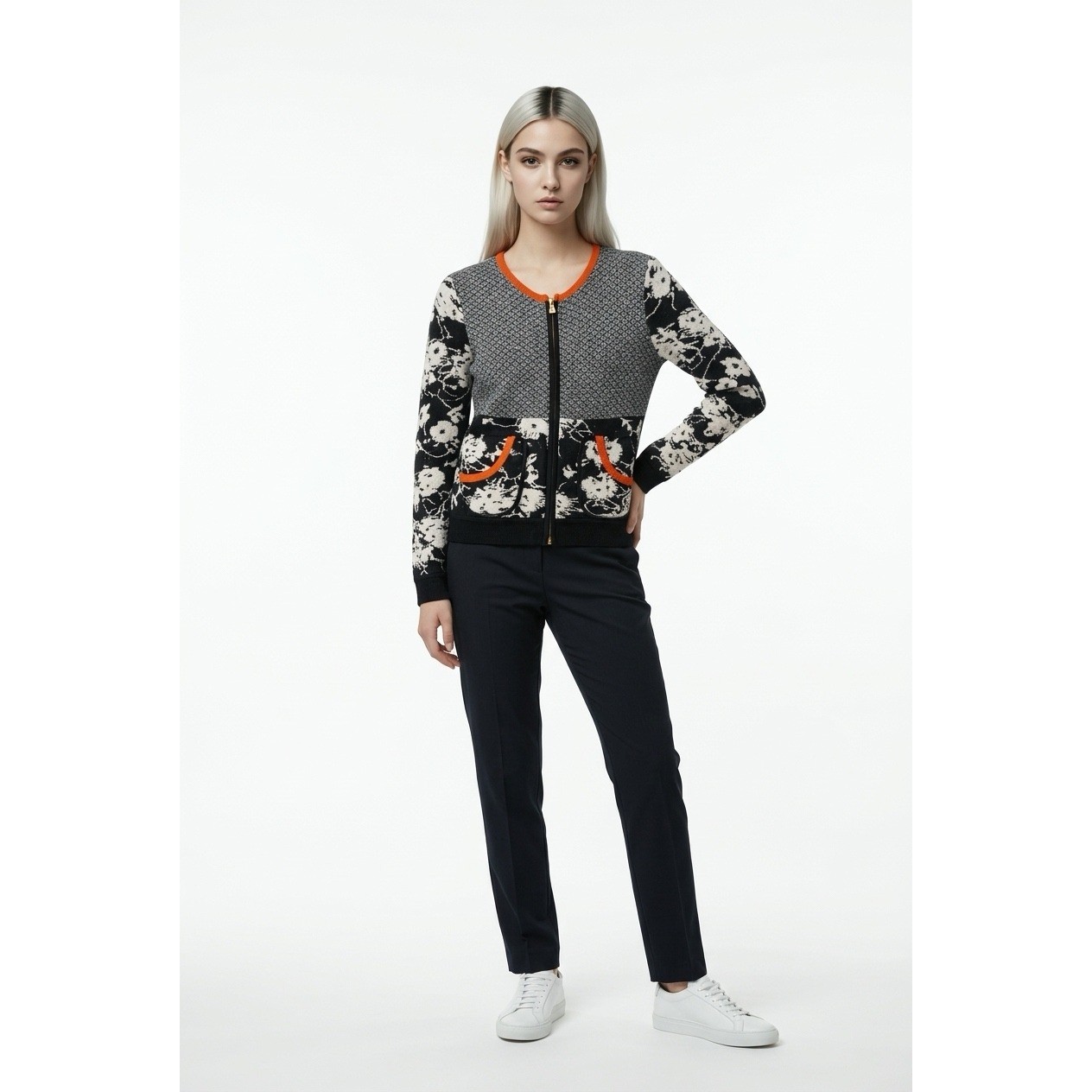 Tory Burch Women Navy White Floral Geometric Zip Front Cotton Cardigan Sweater L