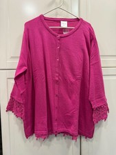 Bedford Fair Womens Fuchsia Cardigan 3X Crochet Trim 100 Cotton Button Front