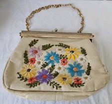 Vintage Floral Embroidered Blue Yellow Purple Flower Leaves Purse Handbag