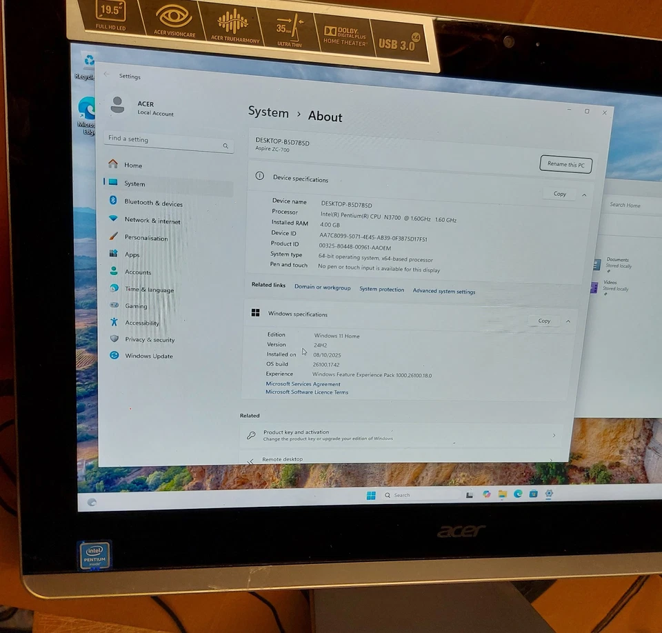 Acer Aspire ZC-700 AIO PC | Intel Pentium N3700 | 4GB RAM |1 TB HDD, WIN11 - Image 3 of 4