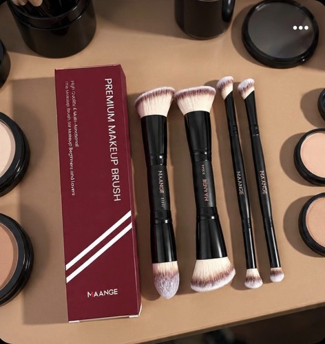 MAANGE 4pcs Professional Facial Double-Ended Makeup Brush Set Black Beige