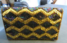 PEACOCK IRIDESCENT GOLD SEQUIN BEAD CLUTCH PURSE