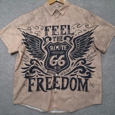 Route 66 Feel The Freedom Shirt Mens XL Brown Vintage 3D Graphic Button Up Loose