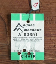 Vtg  1960s 70s  ALPINE MEADOWS Ski Lift Ticket Stub  Vintage California RARE