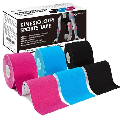 Ceeport Kinesiologie Tape (5 cm x 5 m, 3 Rollen) elastische Muskeln blau, pink, schwarz 