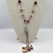 Vintage Gold Tone Long Tassel Pendant Necklace Mixed Beaded Boho Earthy Retro
