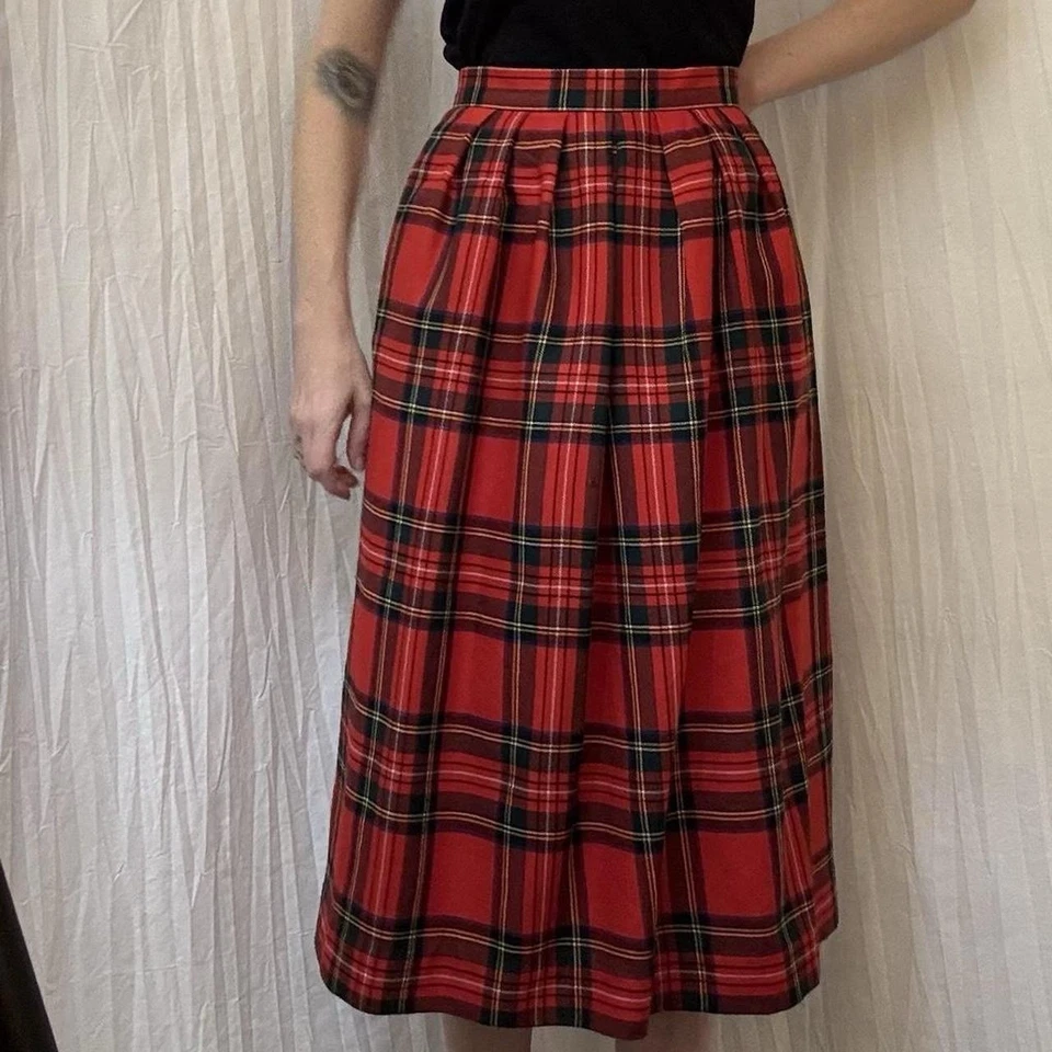 Land's End красный тартан клетку шерсти Midi юбка винтажный 90-х размер Sm опрятный Шотландии - Изображение 2 из 4