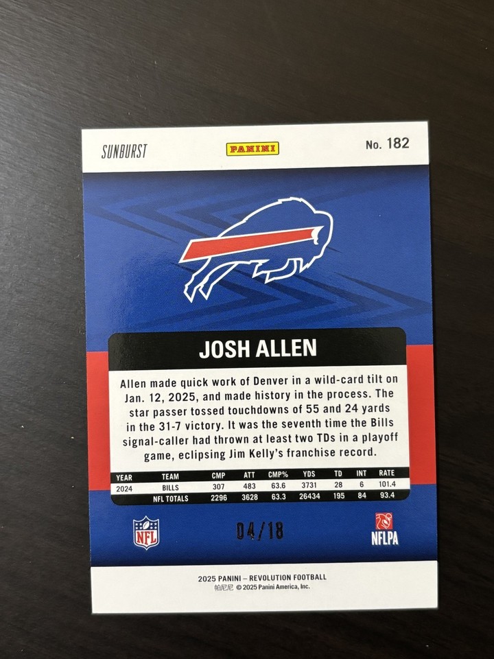 Josh Allen RARE RAINBOW FOIL REFRACTOR INVESTMENT CARD BILLS PANINI