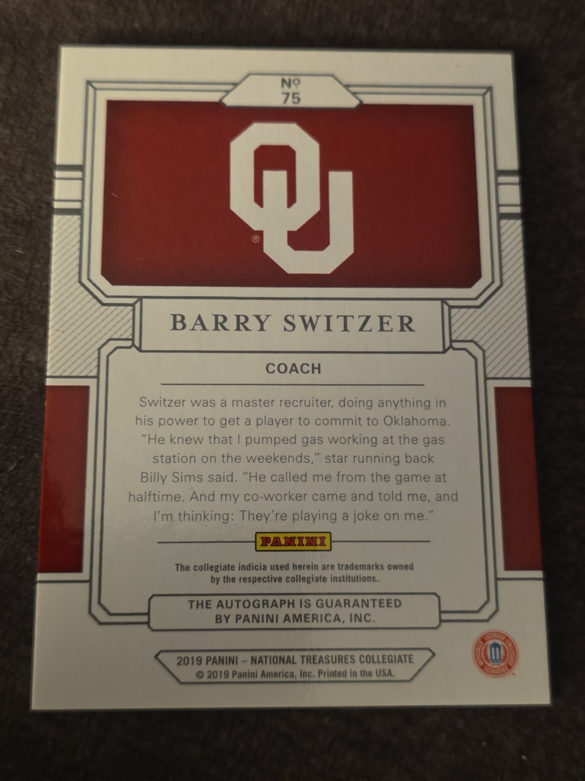 2019 National Treasures Collegiate Barry Switzer Auto #ed 14/25 #75 Oklahoma view 2