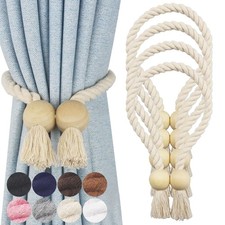 Magnetic Curtain Tiebacks 4 Pack, No Tools Required, Cotton Rope, Beige