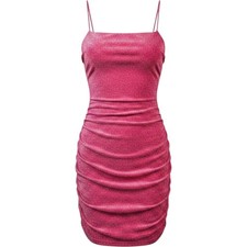 Floerns Women Pink Glitter Ruched Bodycon Mini Dress Square Neck Sparkly Large