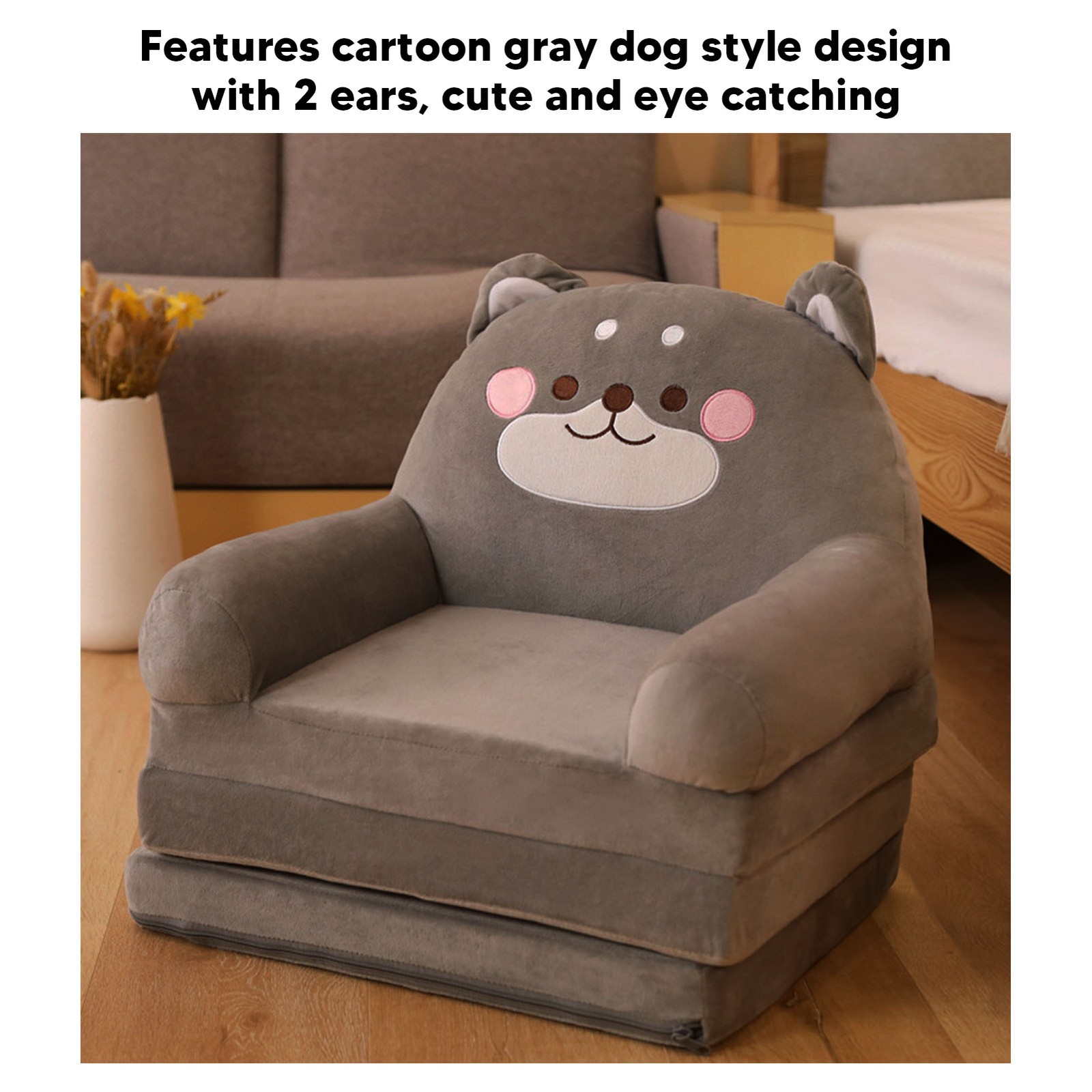 2-in-1 Foldable Gray Couch Chair Kids Sofa For Reading Relaxing Sleeping