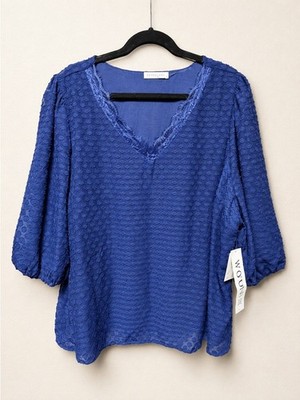 Woven V-Neck Dot Textured Blouse - Blue