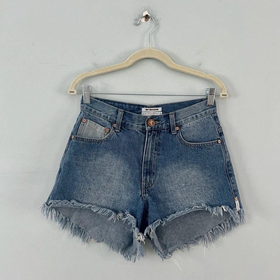 One Teaspoon Hawks Jean Shorts High Waist Raw Hem Distressed Denim Size 28 - Image 3 of 4