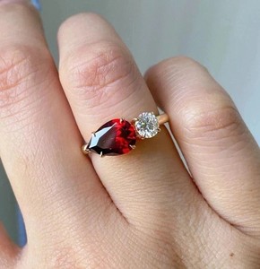 Authentic Women's 2-Stone Ring Lab Created Red Garnet 3Ct Pear Cut 14K Yellow Gold Plated