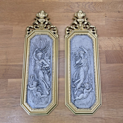 Pair VINTAGE DART Roman Greek Goddess WALL PLAQUES 16x6 Set Cherub Gold MCM