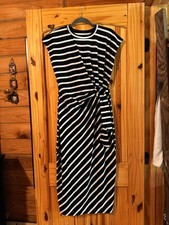 SHEIN Black White Striped Knot Front Bodycon Midi Dress Crew Neck Cap Sleeve L