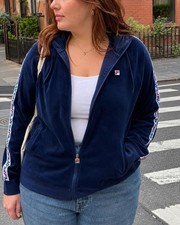 FILA Womens XL Navy Blue Velvet Velour Logo Tape Full Zip Hoodie Jacket