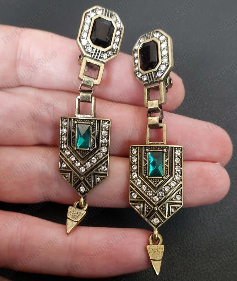 PENDIENTES RETRO GRANDES CLIP ON vintage latón bronce estrás verde + cristal RENACIMIENTO Foto 2 de 4