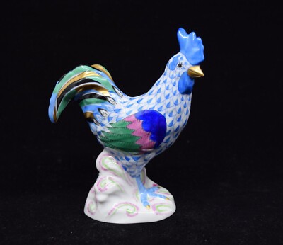 Herend Hand Paint Hungarian Porcelain Miniature Statue Rooster Figurine Fishnet