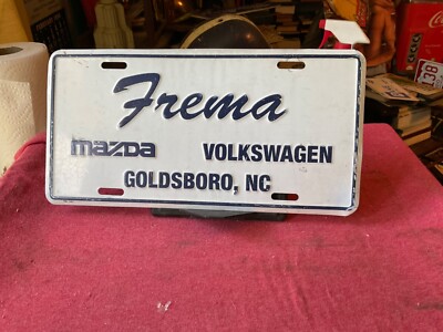 Dealership License Plate Vintage Frema Volkswagen Mazda Goldsboro NC Metal