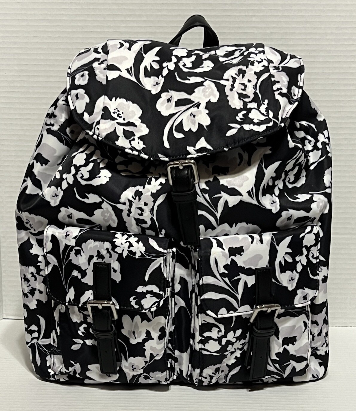 Time & True Floral Drawstring Backpack Handbag in Black White Gray NWT