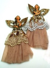 Set of 2 Elegant Lady with Gold Skirt Ornaments Christmas Seasonal Decor Each 8"