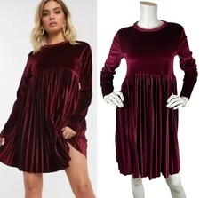 ASOS Velvet Pleated Smock Mini Dress Long Sleeve Empire Burgundy Stretch Sz 6