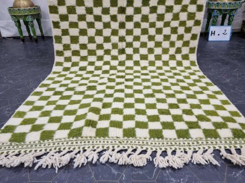 Alfombra marroquí hecha a mano Beni Ourain 4'1"x8'7" bereber a cuadros verde blanca - Imagen 3 de 12