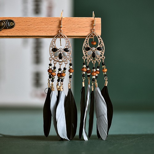 Pendientes étnicos bohemios con flores para mujer Pendientes de borla de plumas de color bohemio vintage - Imagen 14 de 16