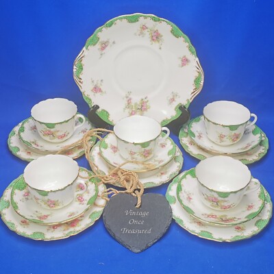 Antikes Royal Doulton Grün Blumen Teeservice E5727 um 1910 Edwardianisch 16 Teile Set