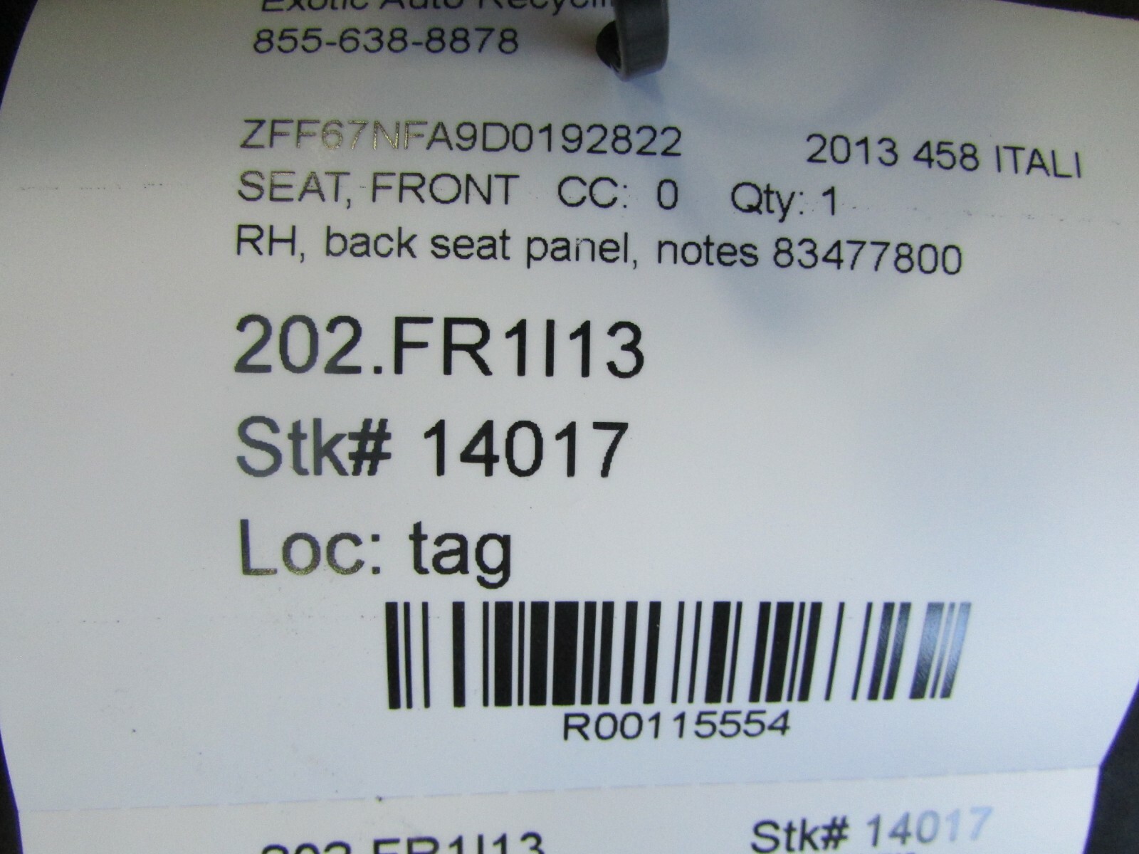 Ferrari 458, RH, Right Back Seat Panel, Used, P/N 83477800