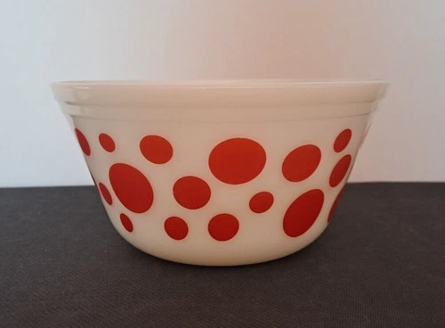 Vintage FIRE KING Anchor Hocking 8" Red Dots Glass Mixing Bowl BRIGHT Polka