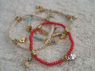 3 pc Hamsa Hand Eye Charm Bead Stretch Bracelet Set (K2)