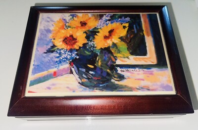 Vintage Graphic Tile Arts MyungJin Kim Yellow Floral Working Music / Jewelry Box