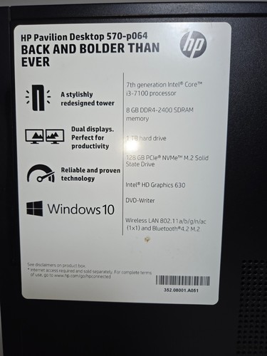 HP Pavilion 570-p064 i3-7100 3.9GHz 8GB RAM 128GB SSD/1TB HD Win 11 Home DVD - Picture 7 of 8