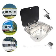 RV Caravan Camper 304 Stainless Steel Hand Wash Basin Kitchen Sink w/ Lid&Faucet