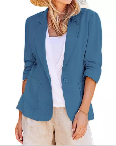 Mujeres Blazer de Algodón Manga 3/4 Acanalado Forrado Traje Informal Elegante Chaqueta de Trabajo Asiática - Imagen 15 de 33