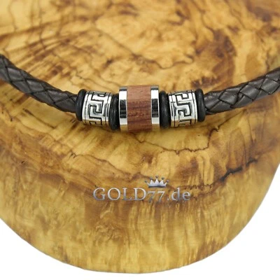 Lederketten Hals / Armband | Set oder einzeln Firestone-Beads Edelstahl mit Holz - Bild 1 von 4