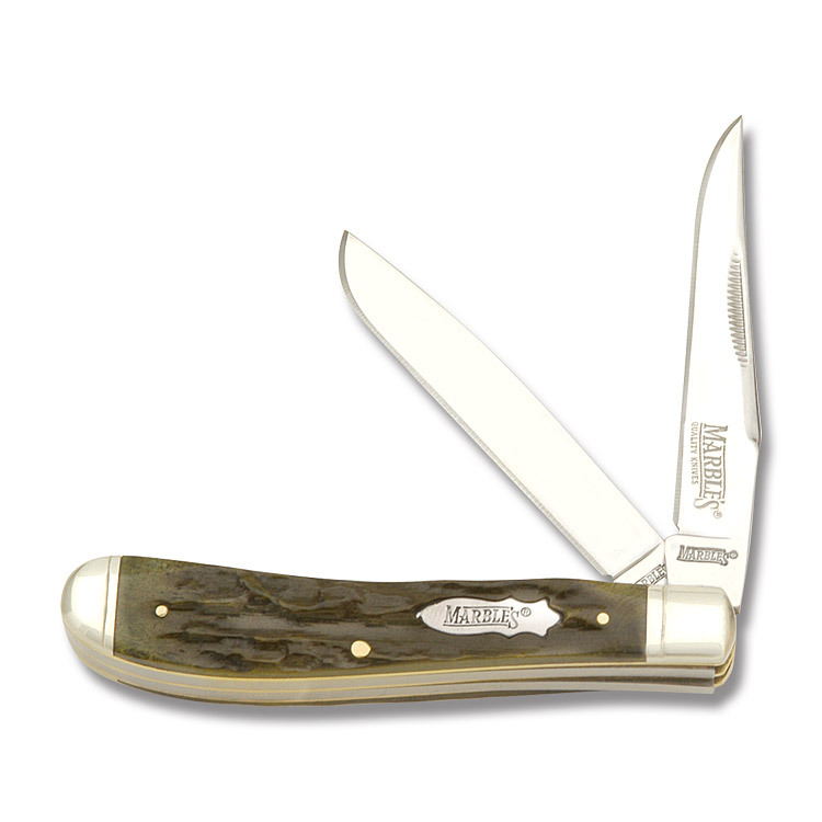 Marbles pocket knife Trapper Green Stag Bone Handle with storage case