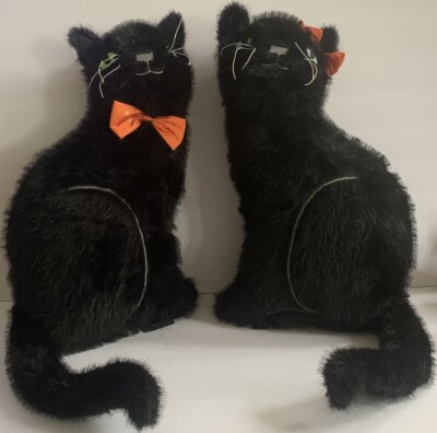 2 Cynthia Rowley CURIOUS Black Cat Mom Dad Stuffed Halloween Pillow Faux Fur 22 