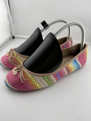 NWOB $100 DUNE LONDON Hallo Ballet Flats Size US 7/37 Tan Multi Stripe Charm Bow