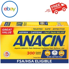 Anacin Fast Pain Relief Aspirin + Caffeine, 300 Coated Tablets Free Shipping US