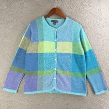 Northern Isles Cardigan Womens L Crewneck Button Front Patchwork Knit Blue Green
