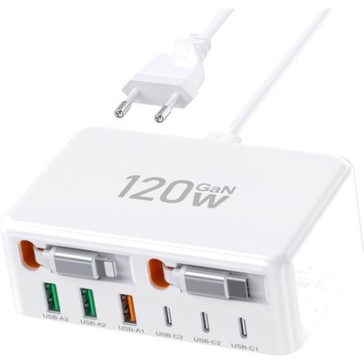 120W USB C Ladegerät 8 Port Schnellladegerät mit Einziehbarem Kabel GaN Techn...