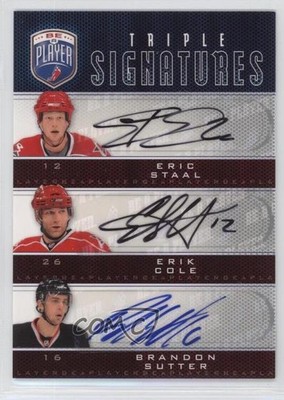 2009 Be a Player Triple Signatures Eric Staal Erik Cole Brandon Sutter Auto 2a8