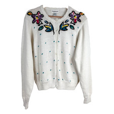 VTG 90s Granny Cardigan L Embroidered Multicolor Floral Cottage Chunky Ivory