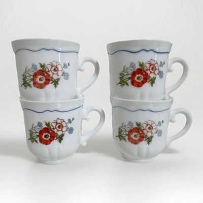 Vintage Arcopal France Provincial Footed Floral Flower Coffee Mugs Tea Cups Set