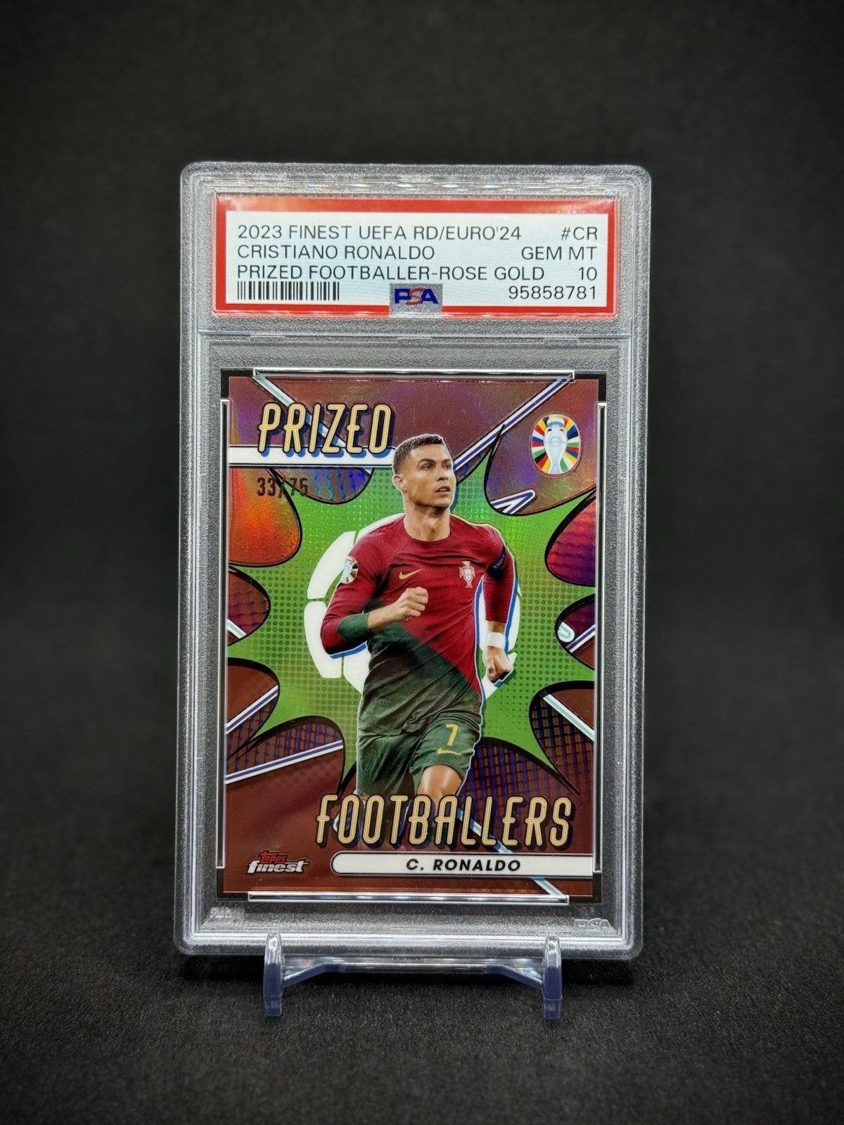 Cristiano Ronaldo 2023 Topps Finest Rose Gold Refractor /75 SSP PSA 10 Portugal view 1